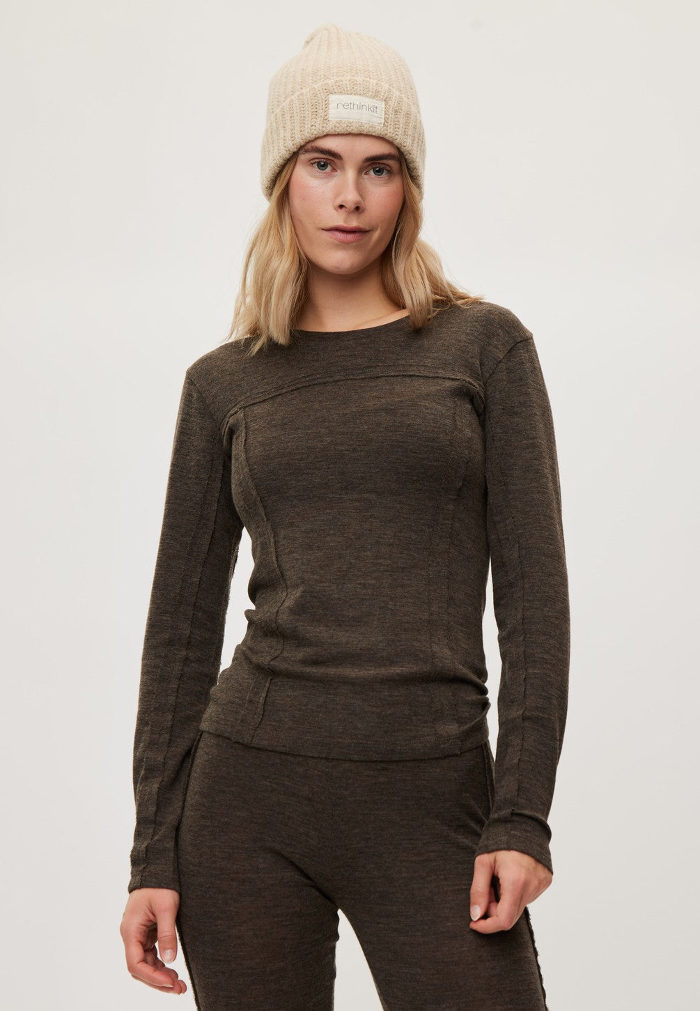 Rethinkit Merino Wool Tee LS Haze Baselayer 9537 dark brown melange